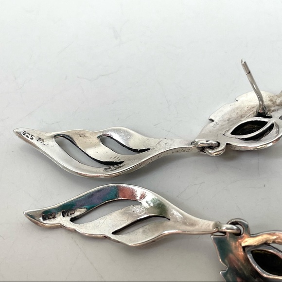 Vintage Art Deco Onyx and Marcasite Stone Sterling Silver Dangle Earrings - Picture 8 of 10